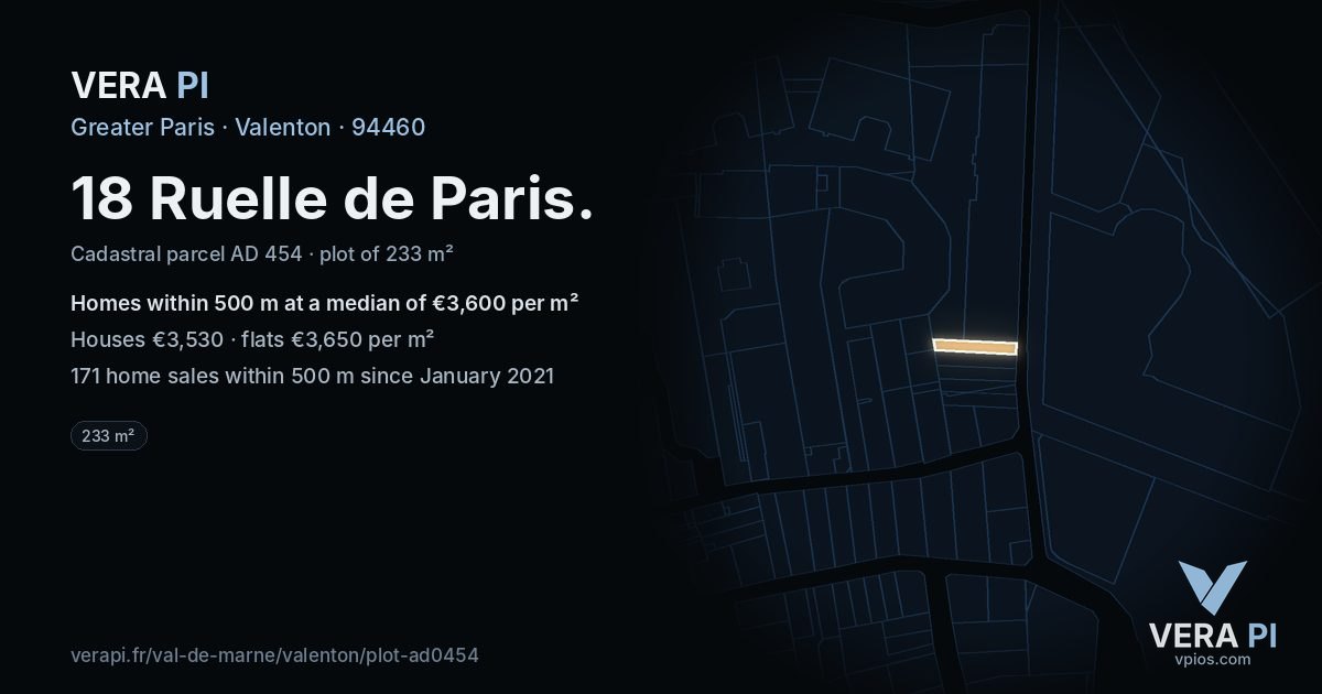 18 Ruelle de Paris, Valenton at night – the plot lit, the parcels around coloured by the prices near them
