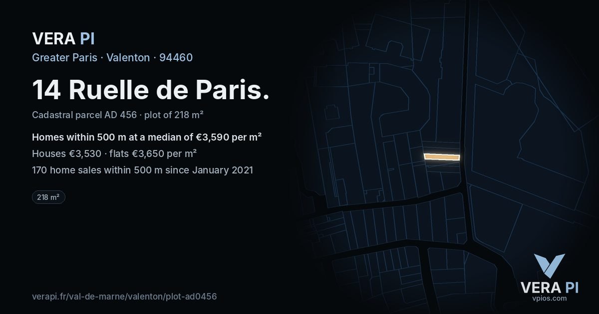 14 Ruelle de Paris, Valenton at night – the plot lit, the parcels around coloured by the prices near them