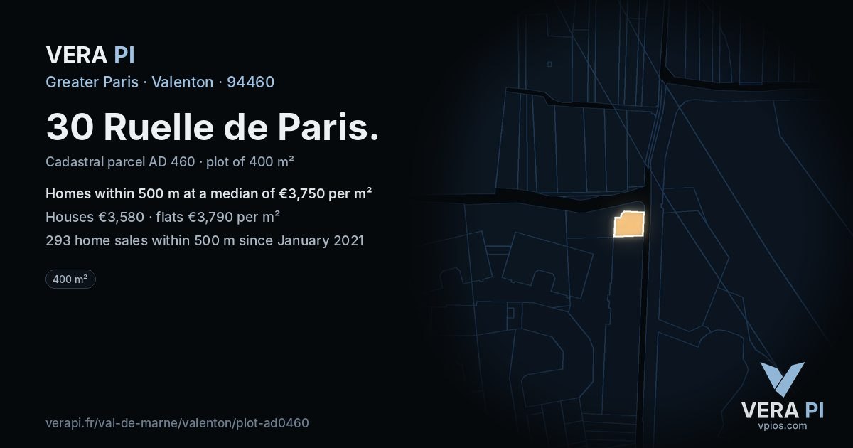 30 Ruelle de Paris, Valenton at night – the plot lit, the parcels around coloured by the prices near them