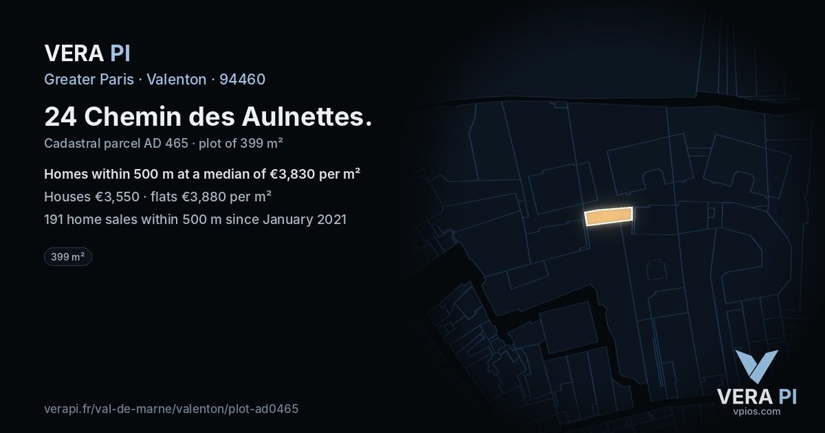 24 Chemin des Aulnettes, Valenton at night – the plot lit, the parcels around coloured by the prices near them