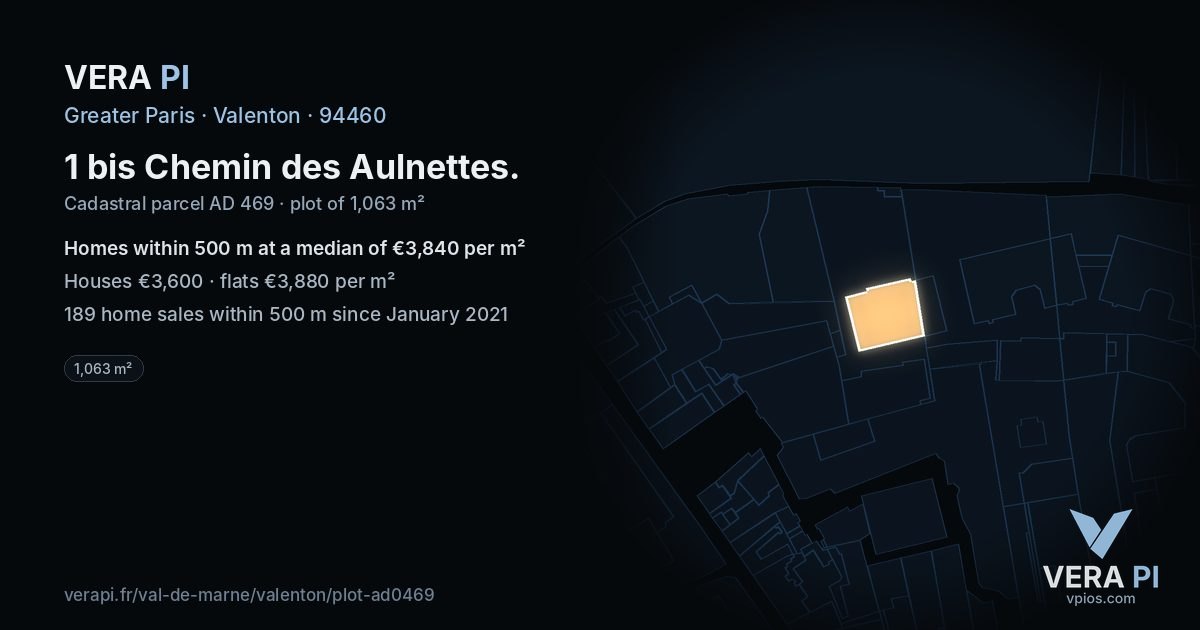 1 bis Chemin des Aulnettes, Valenton at night – the plot lit, the parcels around coloured by the prices near them