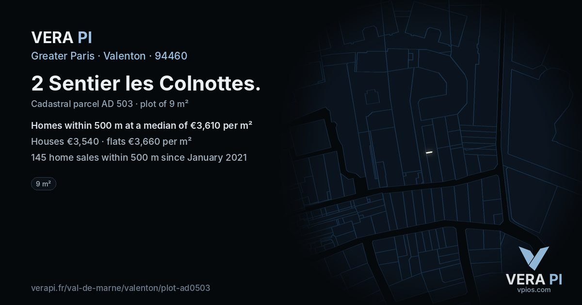 2 Sentier les Colnottes, Valenton at night – the plot lit, the parcels around coloured by the prices near them