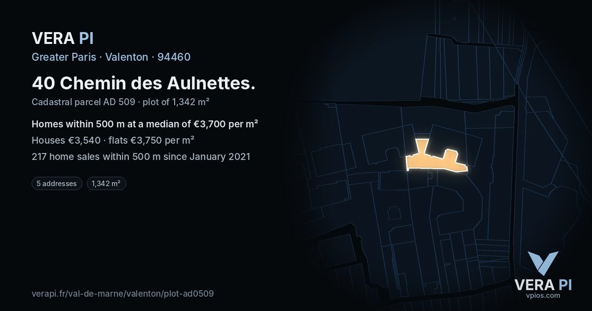 40 Chemin des Aulnettes, Valenton at night – the plot lit, the parcels around coloured by the prices near them