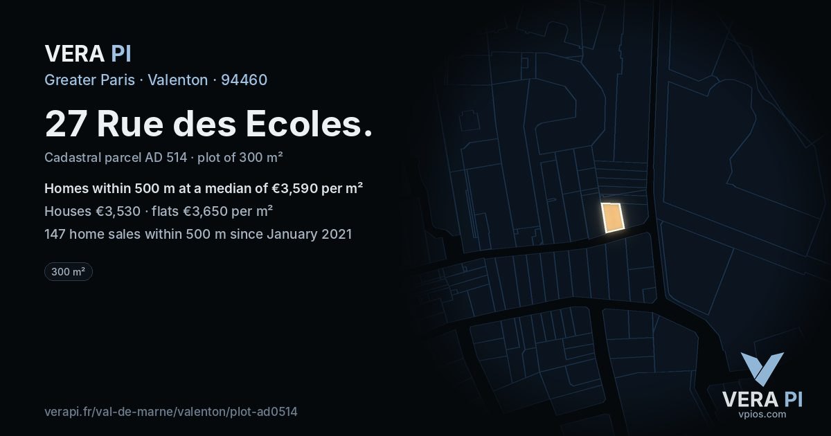 27 Rue des Ecoles, Valenton at night – the plot lit, the parcels around coloured by the prices near them