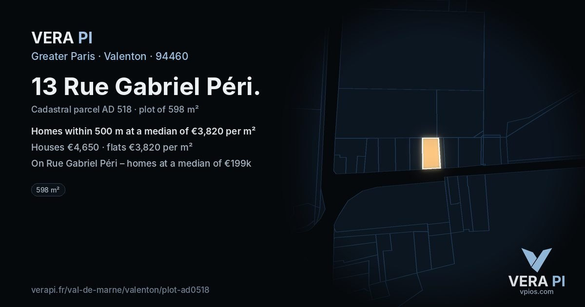 13 Rue Gabriel Péri, Valenton at night – the plot lit, the parcels around coloured by the prices near them