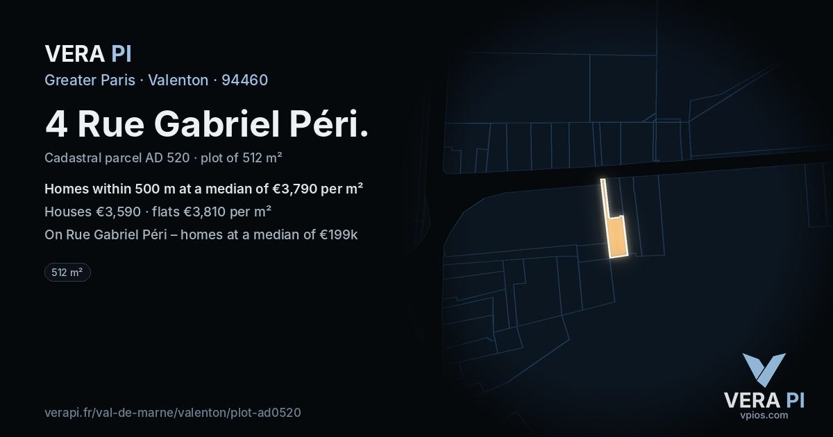 4 Rue Gabriel Péri, Valenton at night – the plot lit, the parcels around coloured by the prices near them