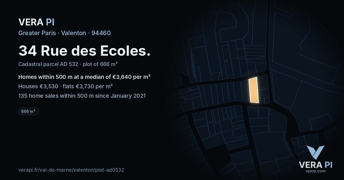 34 Rue des Ecoles, Valenton at night – the plot lit, the parcels around coloured by the prices near them