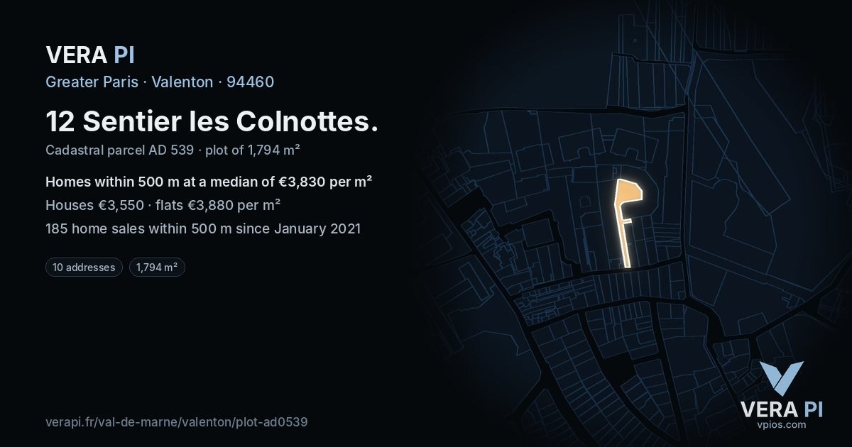 12 Sentier les Colnottes, Valenton at night – the plot lit, the parcels around coloured by the prices near them