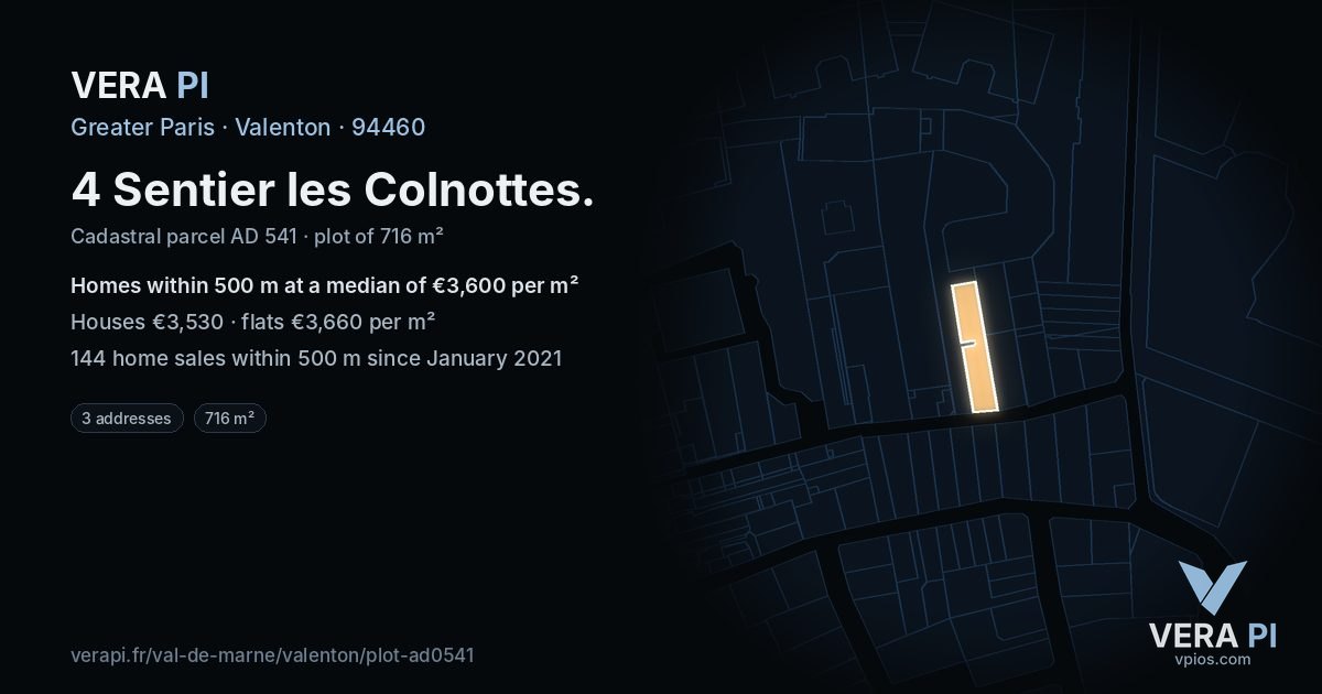 4 Sentier les Colnottes, Valenton at night – the plot lit, the parcels around coloured by the prices near them