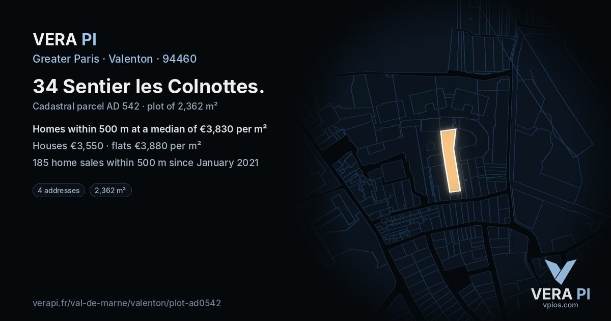 34 Sentier les Colnottes, Valenton at night – the plot lit, the parcels around coloured by the prices near them