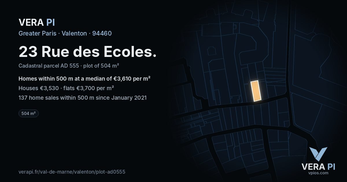 23 Rue des Ecoles, Valenton at night – the plot lit, the parcels around coloured by the prices near them