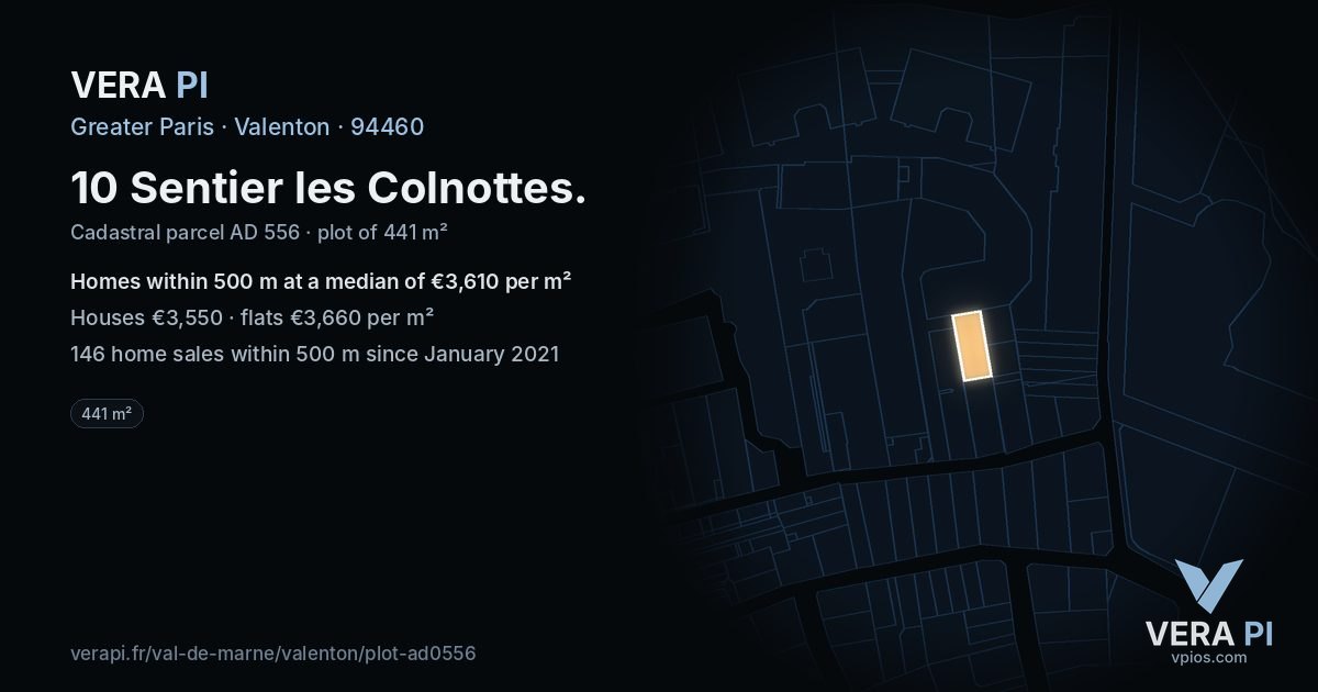10 Sentier les Colnottes, Valenton at night – the plot lit, the parcels around coloured by the prices near them
