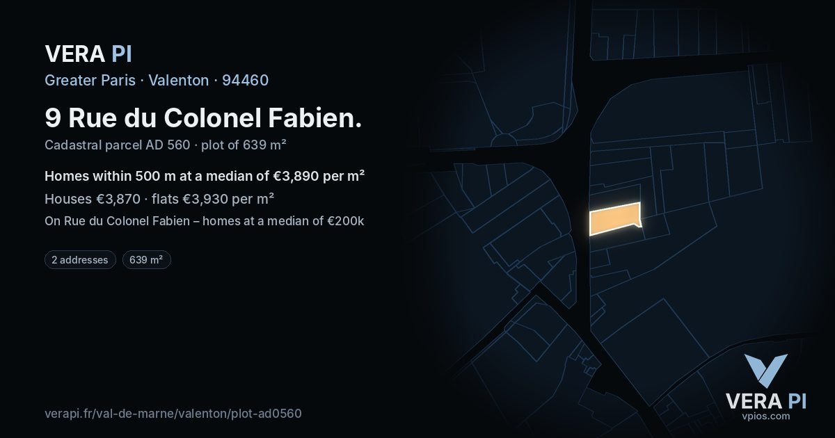 9 Rue du Colonel Fabien, Valenton at night – the plot lit, the parcels around coloured by the prices near them