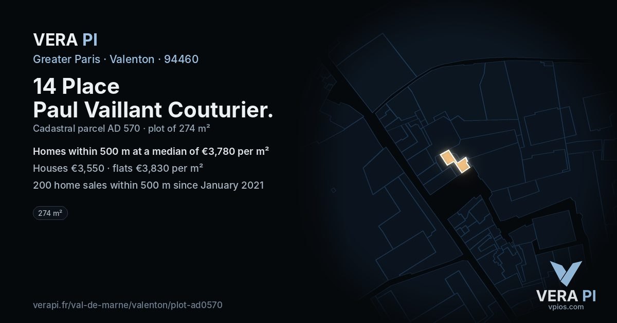 14 Place Paul Vaillant Couturier, Valenton at night – the plot lit, the parcels around coloured by the prices near them