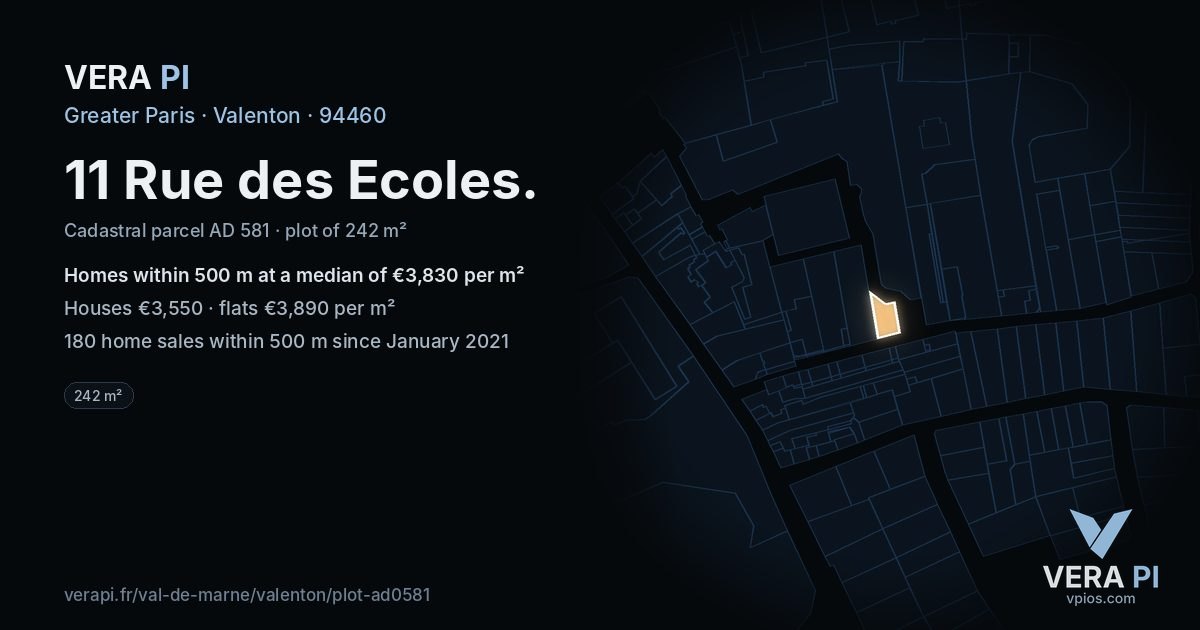 11 Rue des Ecoles, Valenton at night – the plot lit, the parcels around coloured by the prices near them