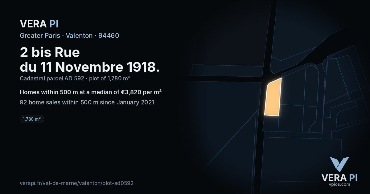 2 bis Rue du 11 Novembre 1918, Valenton at night – the plot lit, the parcels around coloured by the prices near them