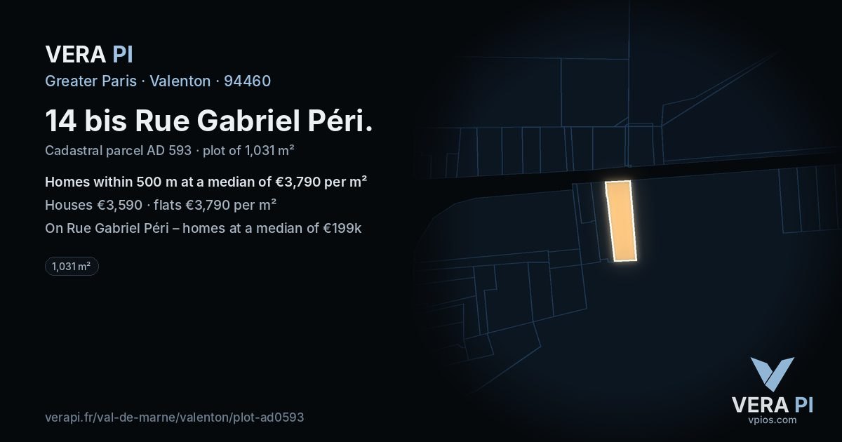 14 bis Rue Gabriel Péri, Valenton at night – the plot lit, the parcels around coloured by the prices near them