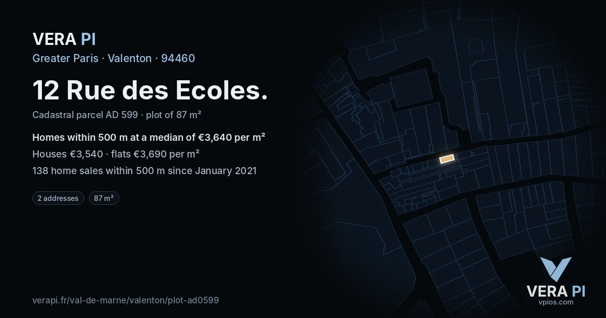 12 Rue des Ecoles, Valenton at night – the plot lit, the parcels around coloured by the prices near them