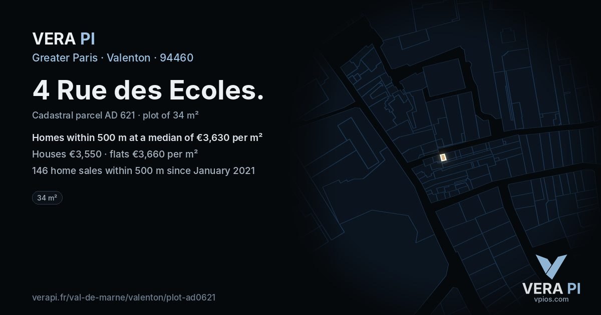 4 Rue des Ecoles, Valenton at night – the plot lit, the parcels around coloured by the prices near them