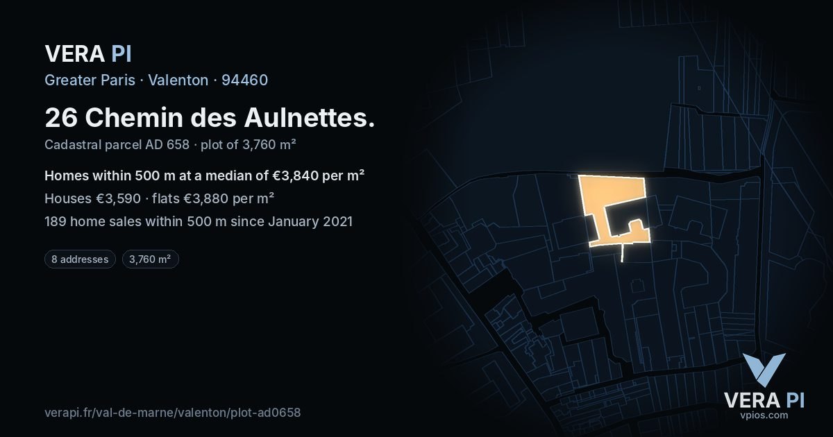 26 Chemin des Aulnettes, Valenton at night – the plot lit, the parcels around coloured by the prices near them