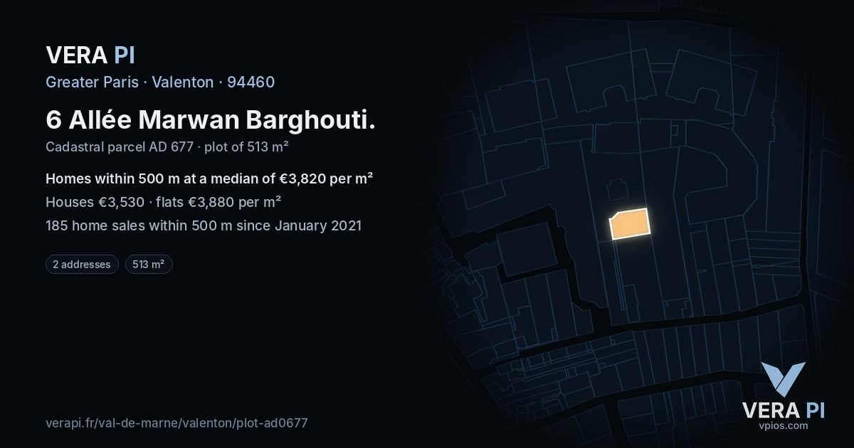 6 Allée Marwan Barghouti, Valenton at night – the plot lit, the parcels around coloured by the prices near them