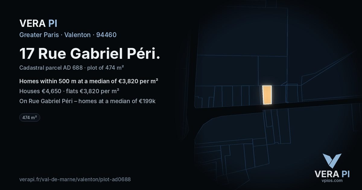 17 Rue Gabriel Péri, Valenton at night – the plot lit, the parcels around coloured by the prices near them