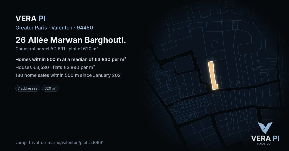 26 Allée Marwan Barghouti, Valenton at night – the plot lit, the parcels around coloured by the prices near them