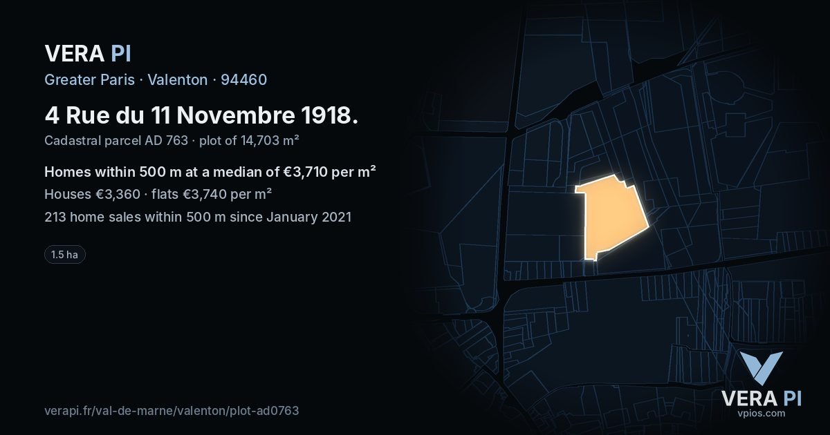 4 Rue du 11 Novembre 1918, Valenton at night – the plot lit, the parcels around coloured by the prices near them