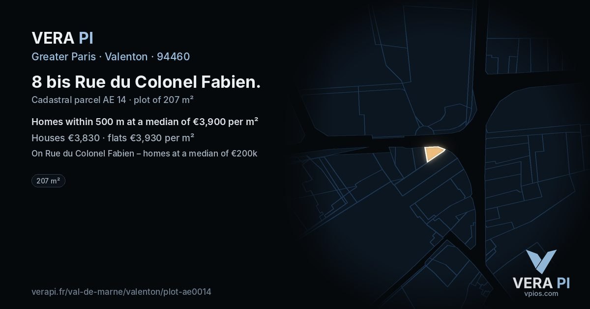 8 bis Rue du Colonel Fabien, Valenton at night – the plot lit, the parcels around coloured by the prices near them