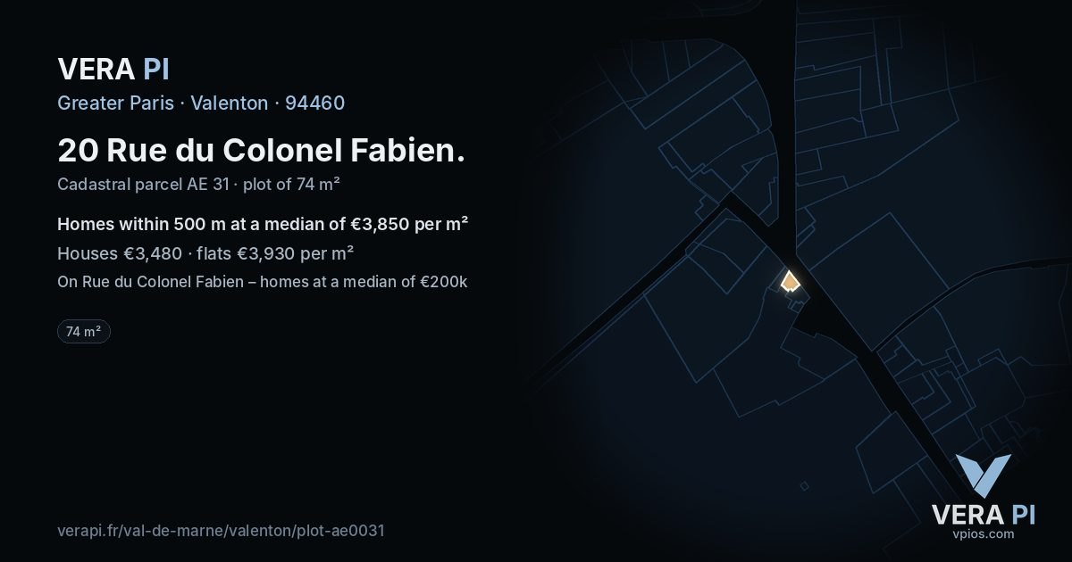 20 Rue du Colonel Fabien, Valenton at night – the plot lit, the parcels around coloured by the prices near them