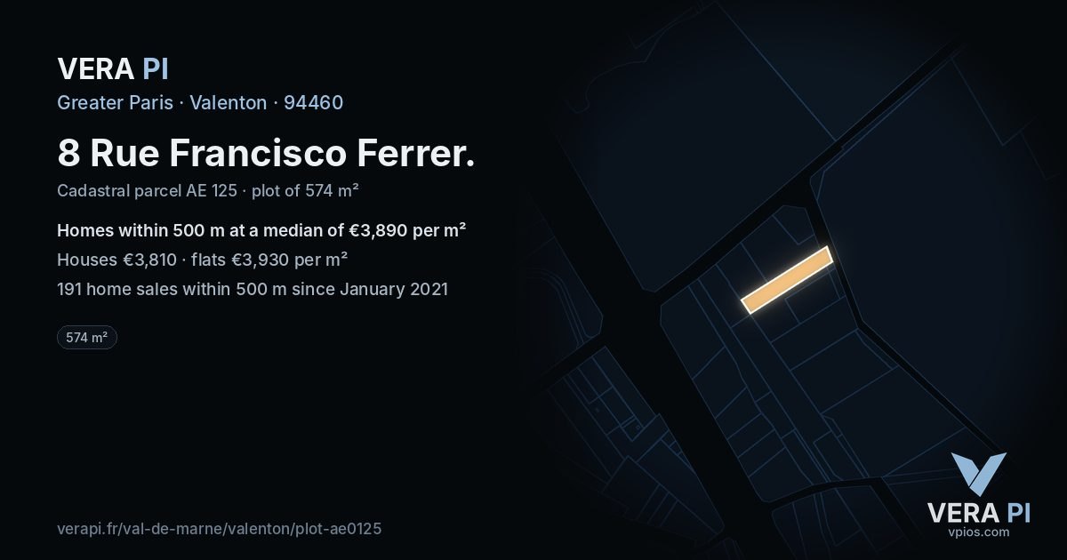 8 Rue Francisco Ferrer, Valenton at night – the plot lit, the parcels around coloured by the prices near them