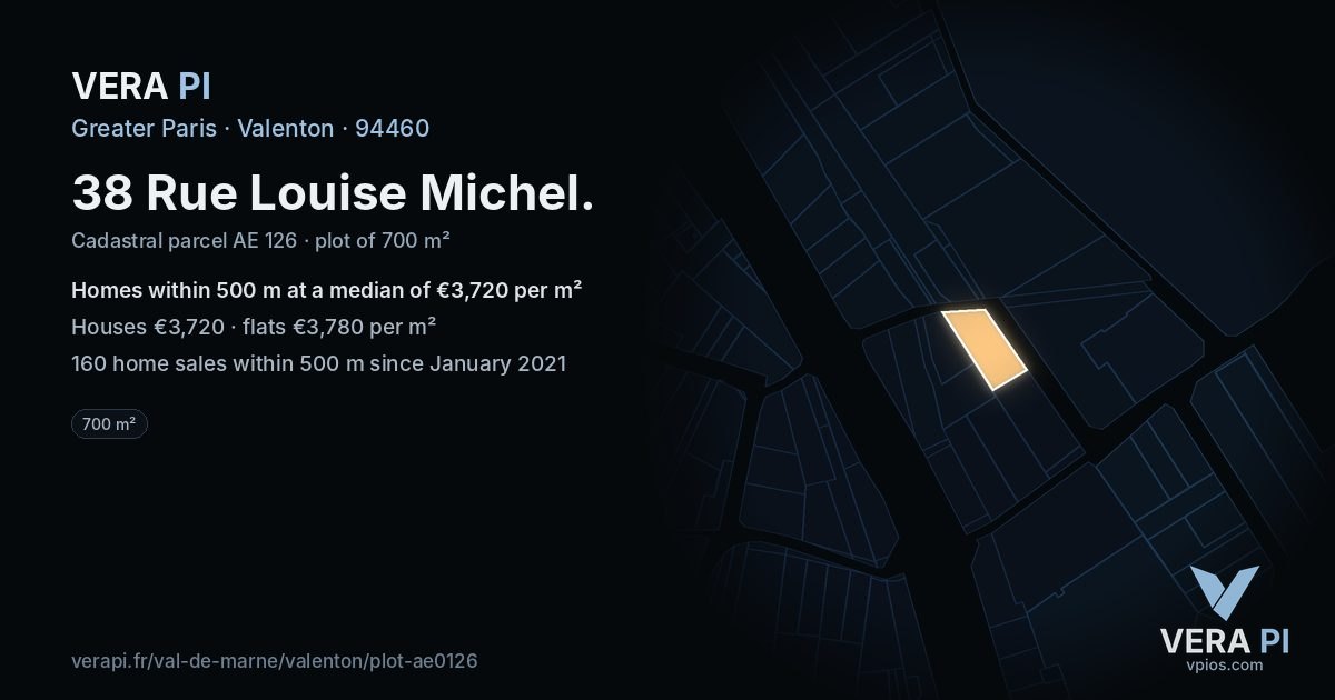38 Rue Louise Michel, Valenton at night – the plot lit, the parcels around coloured by the prices near them