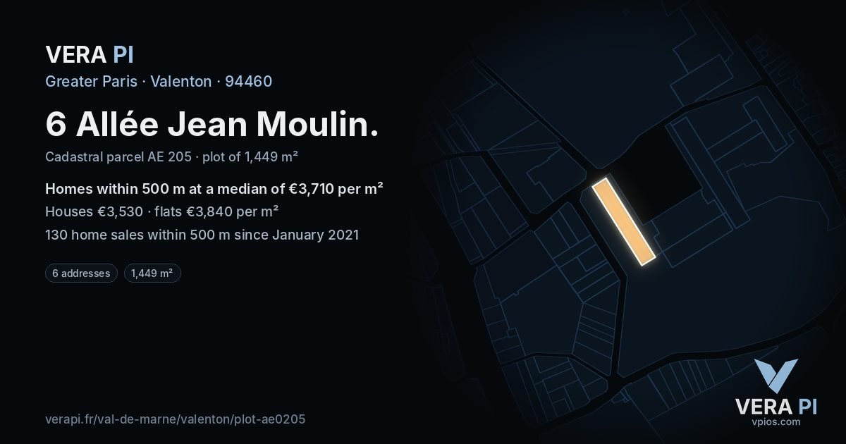 6 Allée Jean Moulin, Valenton at night – the plot lit, the parcels around coloured by the prices near them