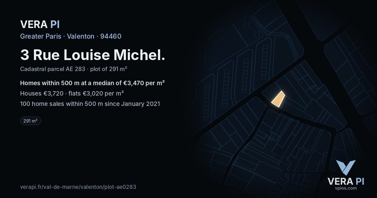 3 Rue Louise Michel, Valenton at night – the plot lit, the parcels around coloured by the prices near them