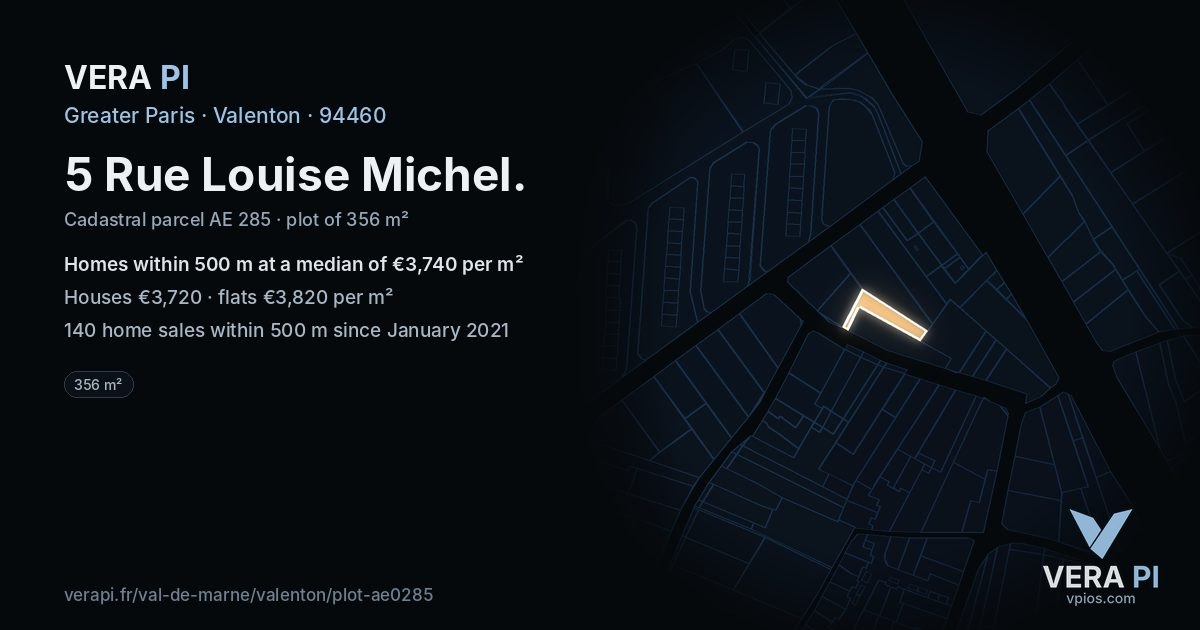 5 Rue Louise Michel, Valenton at night – the plot lit, the parcels around coloured by the prices near them