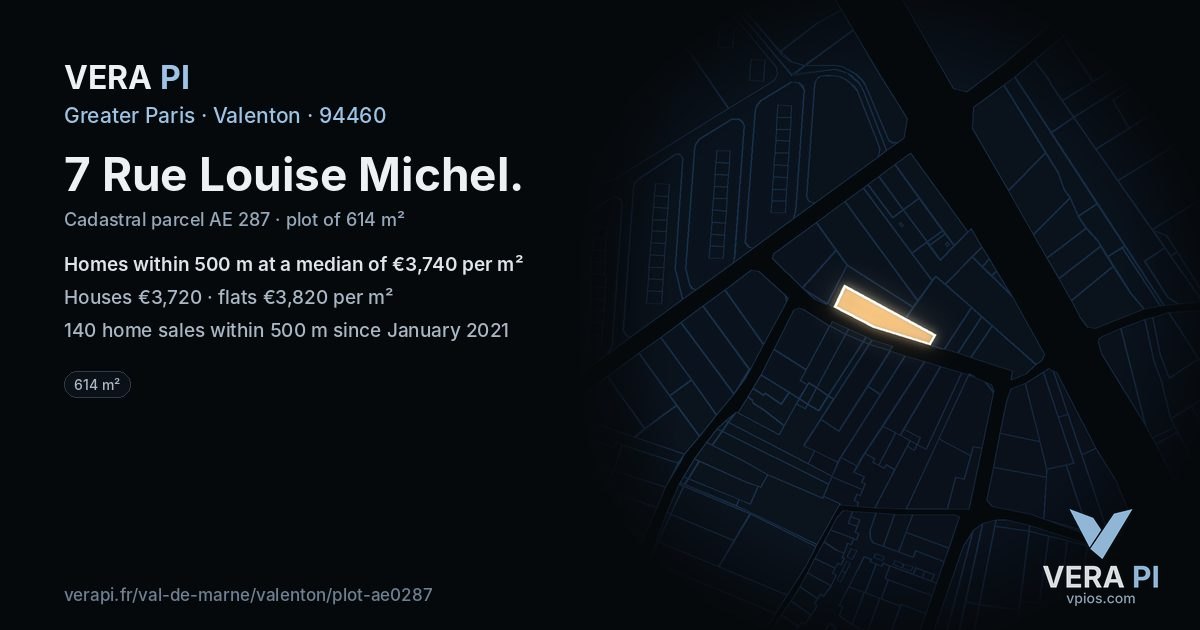 7 Rue Louise Michel, Valenton at night – the plot lit, the parcels around coloured by the prices near them