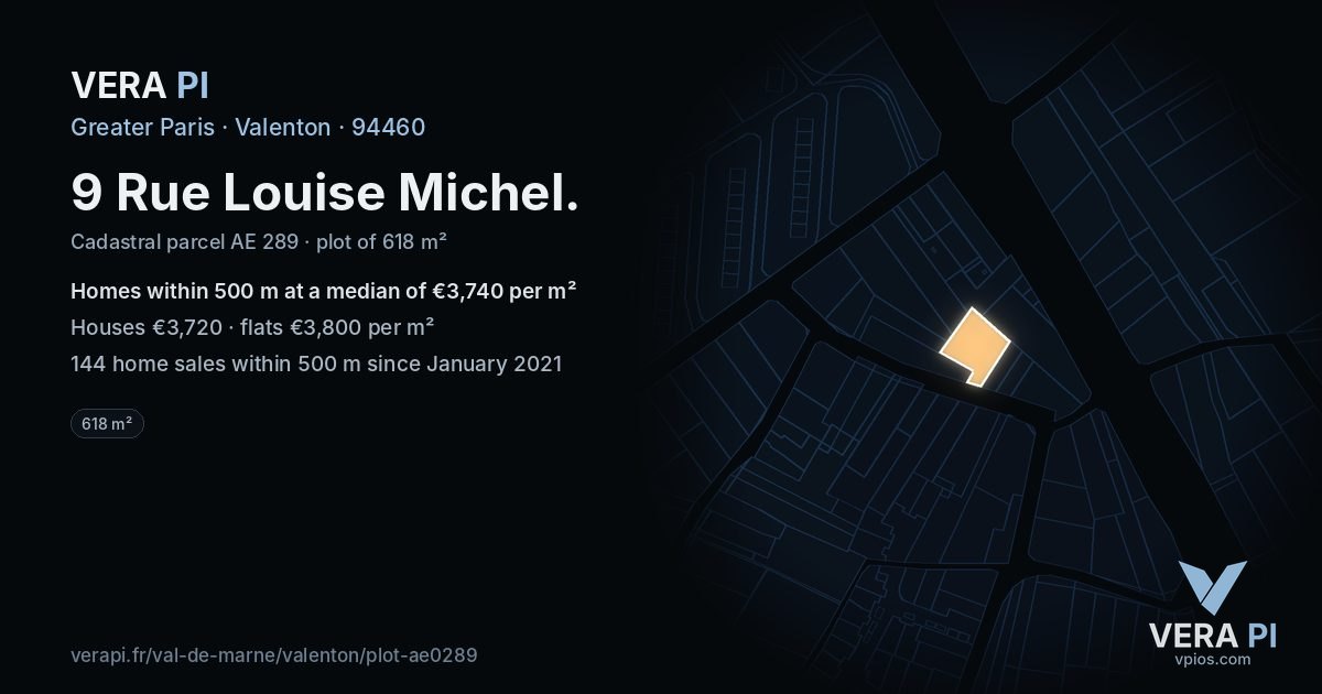 9 Rue Louise Michel, Valenton at night – the plot lit, the parcels around coloured by the prices near them