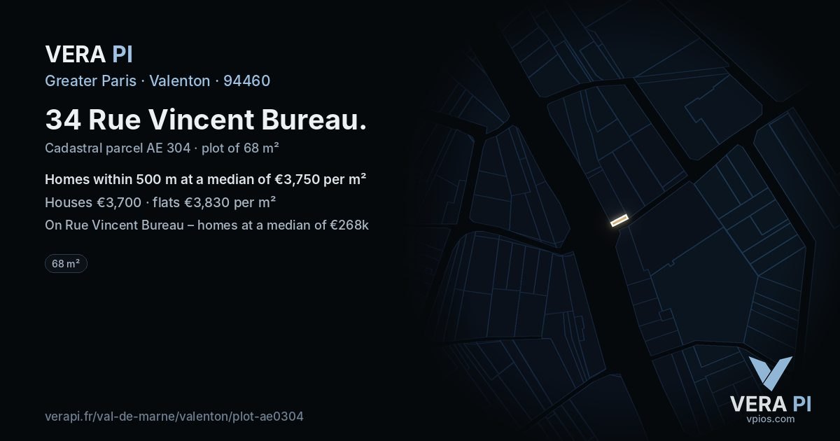 34 Rue Vincent Bureau, Valenton at night – the plot lit, the parcels around coloured by the prices near them