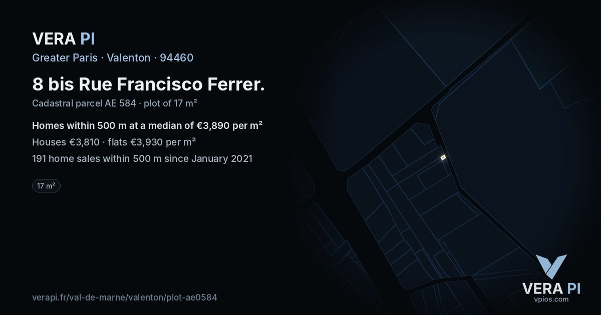 8 bis Rue Francisco Ferrer, Valenton at night – the plot lit, the parcels around coloured by the prices near them