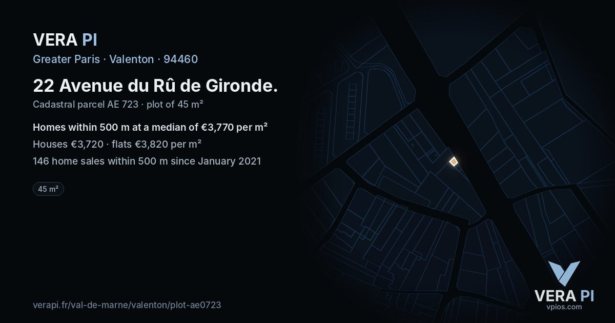 22 Avenue du Rû de Gironde, Valenton at night – the plot lit, the parcels around coloured by the prices near them
