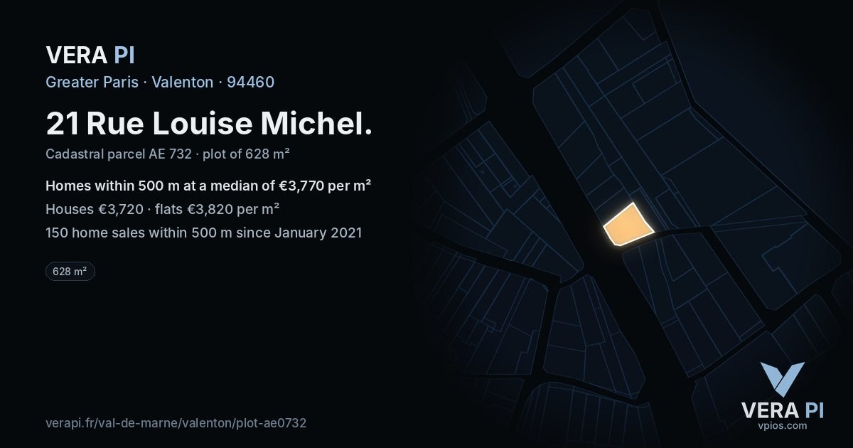 21 Rue Louise Michel, Valenton at night – the plot lit, the parcels around coloured by the prices near them