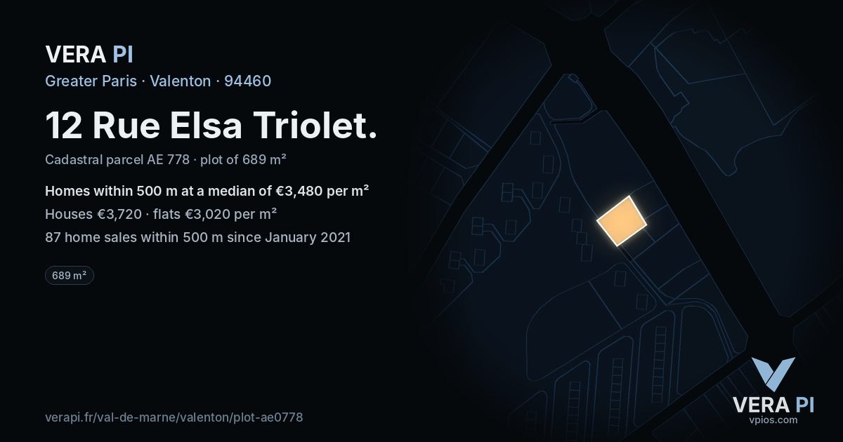 12 Rue Elsa Triolet, Valenton at night – the plot lit, the parcels around coloured by the prices near them