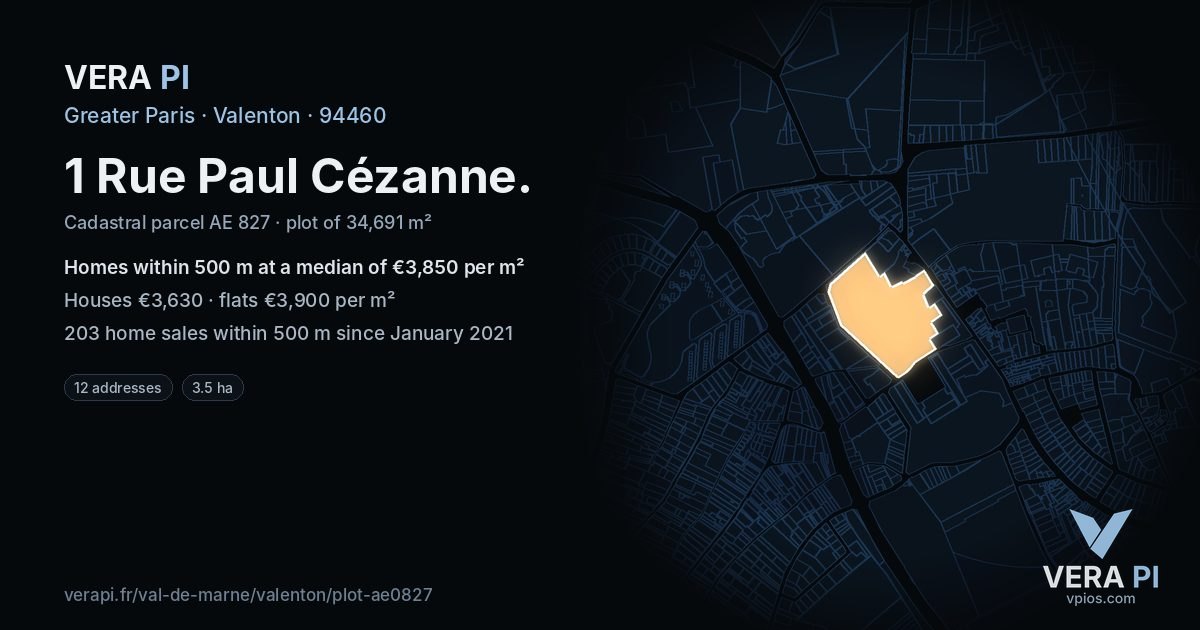 1 Rue Paul Cézanne, Valenton at night – the plot lit, the parcels around coloured by the prices near them