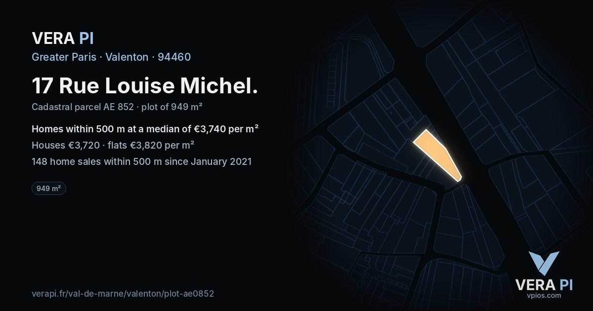 17 Rue Louise Michel, Valenton at night – the plot lit, the parcels around coloured by the prices near them