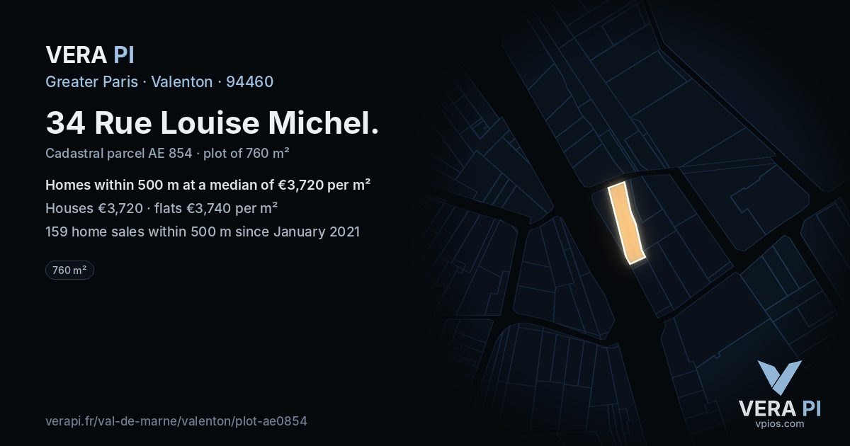 34 Rue Louise Michel, Valenton at night – the plot lit, the parcels around coloured by the prices near them