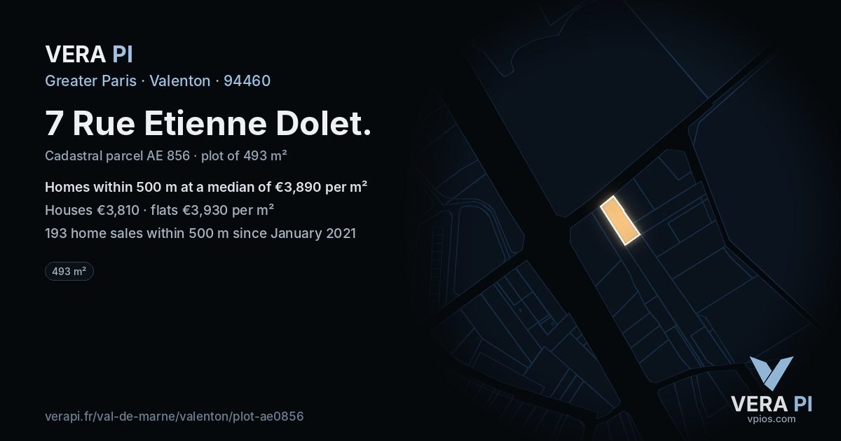 7 Rue Etienne Dolet, Valenton at night – the plot lit, the parcels around coloured by the prices near them