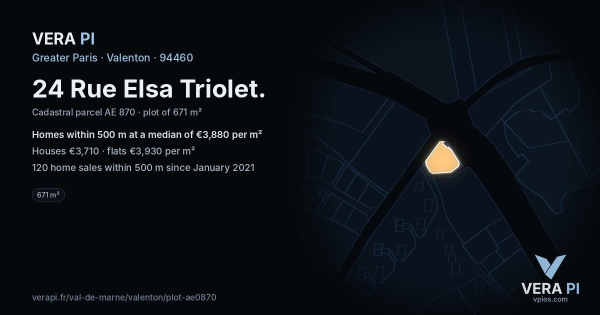 24 Rue Elsa Triolet, Valenton at night – the plot lit, the parcels around coloured by the prices near them