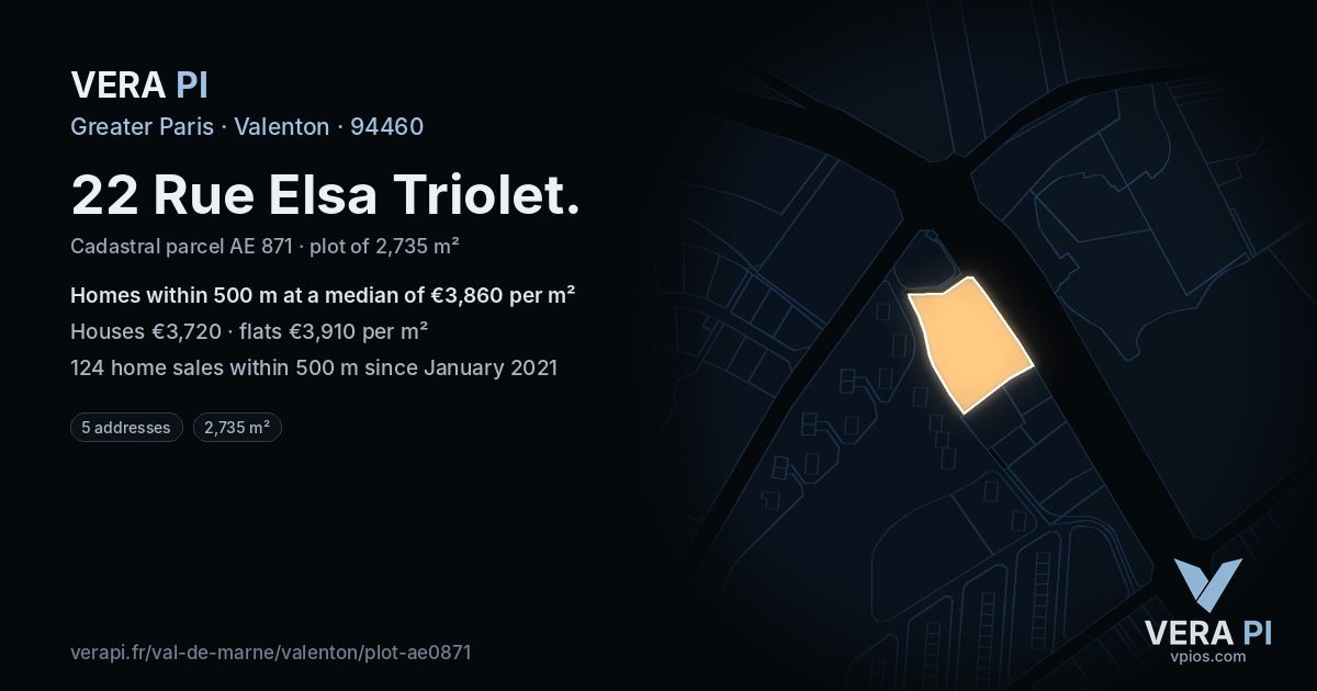 22 Rue Elsa Triolet, Valenton at night – the plot lit, the parcels around coloured by the prices near them