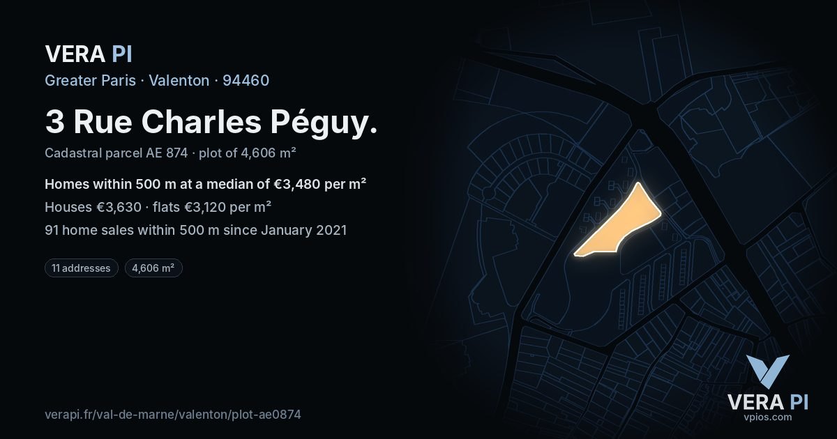 3 Rue Charles Péguy, Valenton at night – the plot lit, the parcels around coloured by the prices near them