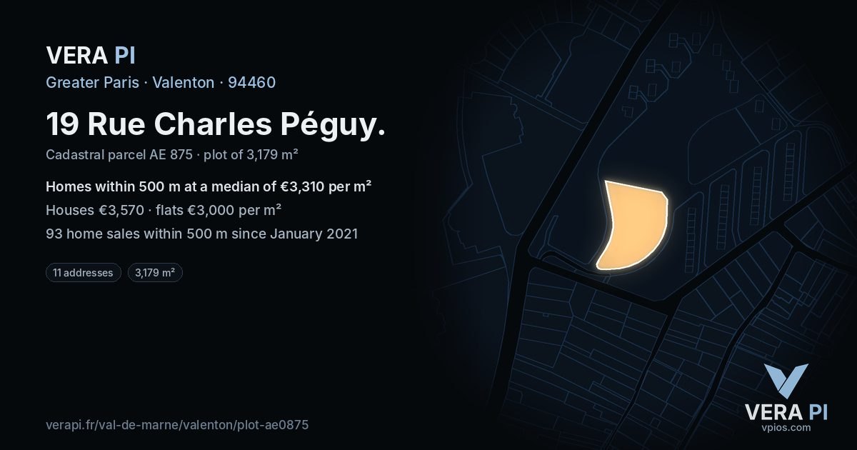 19 Rue Charles Péguy, Valenton at night – the plot lit, the parcels around coloured by the prices near them